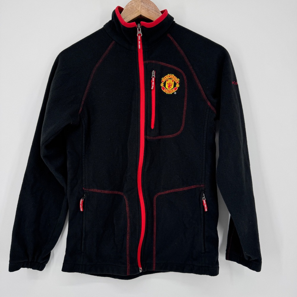Columbia Manchester United Fleece Jacket Kids Large Black Red Zip Up Soccer